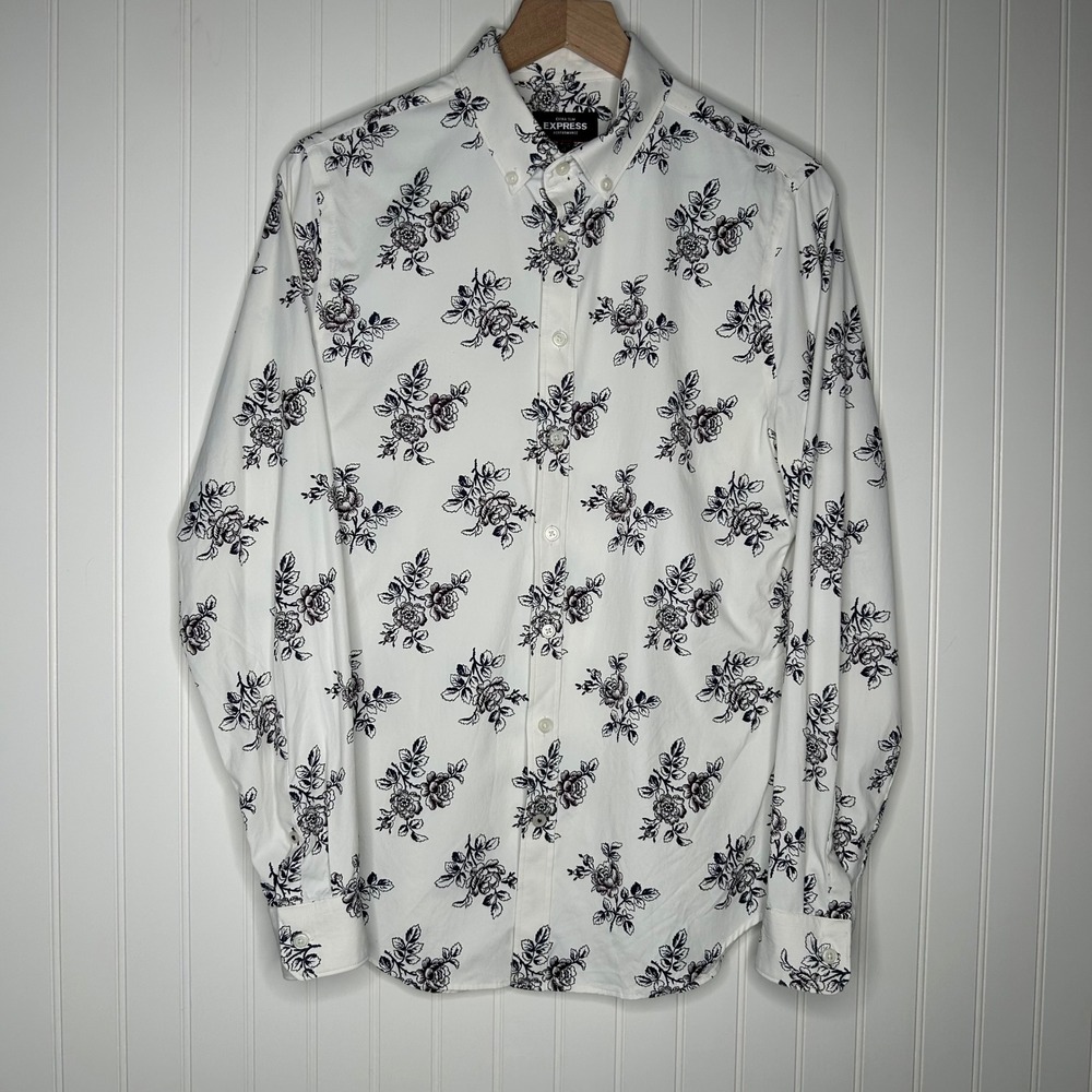 Express Womens Performance Shirt S Extra Slim Fit White Floral Button Down